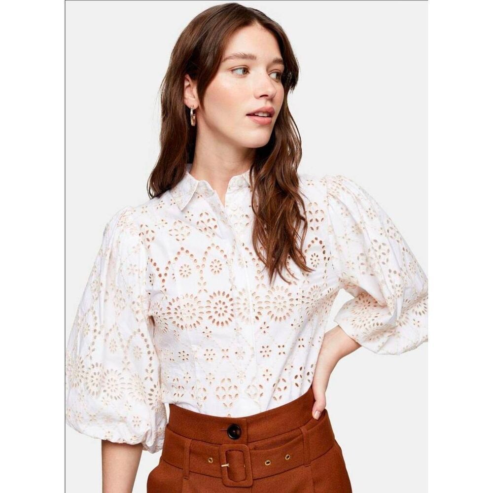 Topshop Puff / Balloon Sleeve Cotton Eyelet Button Down Top Sz. 4